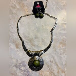 Paparazzi Olive Green Stone Silver Statement Necklace & Earring Set